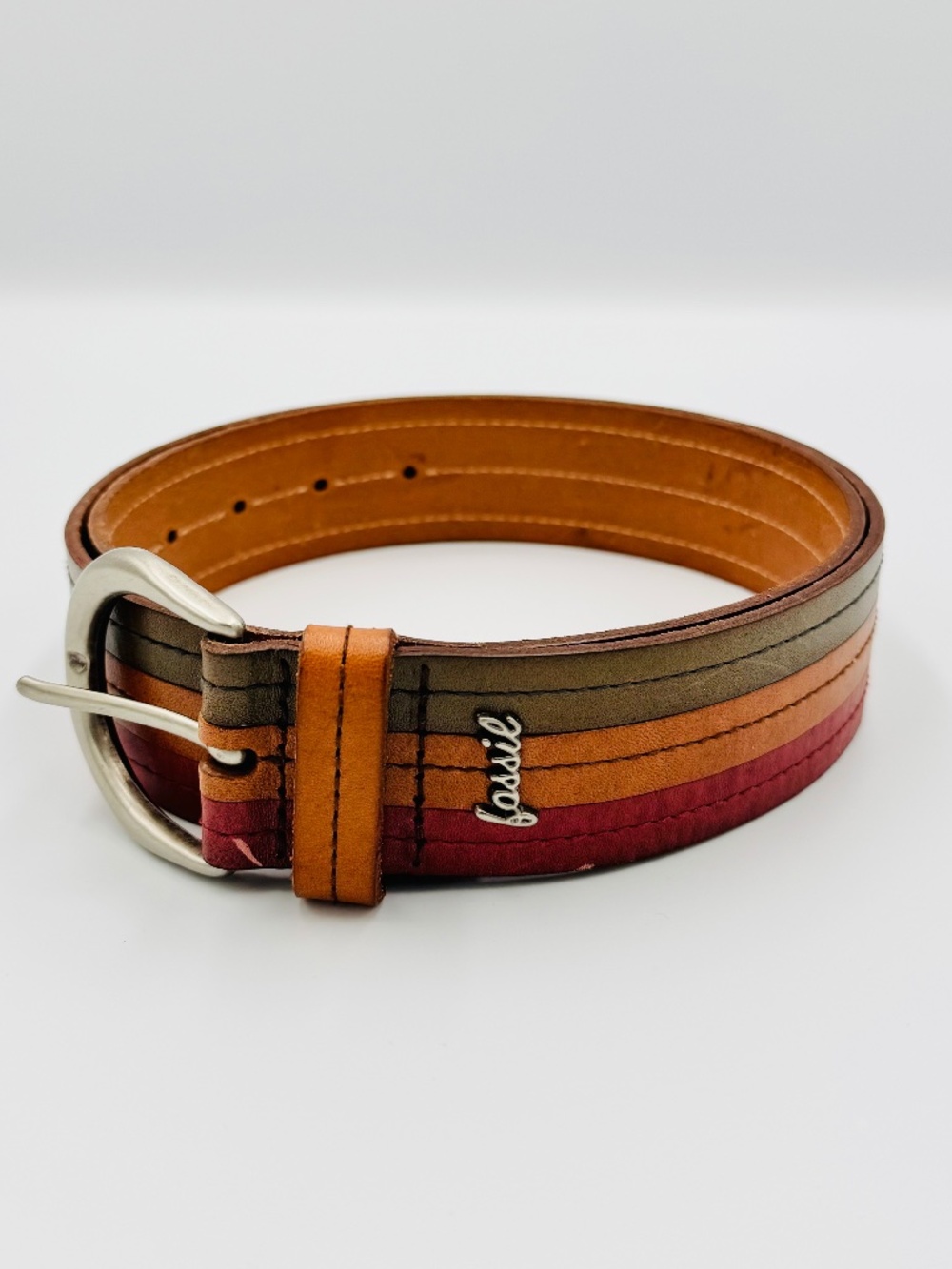 Vintage Fossil Tri-Tone Genuine Leather Belt BT2848997 M Pewter Buckle Logo 90s